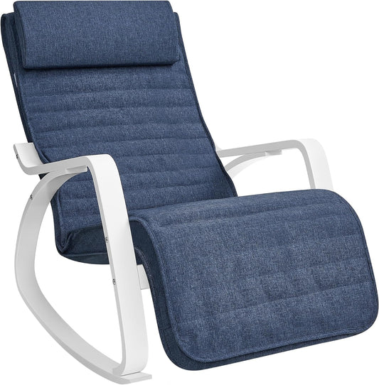 Fauteuil à Bascule, avec Accoudoirs en Bois, Chaise Berçante avec Repose-Pieds Réglable, Bleu Minuit et Blanc, SONGMICS, 2