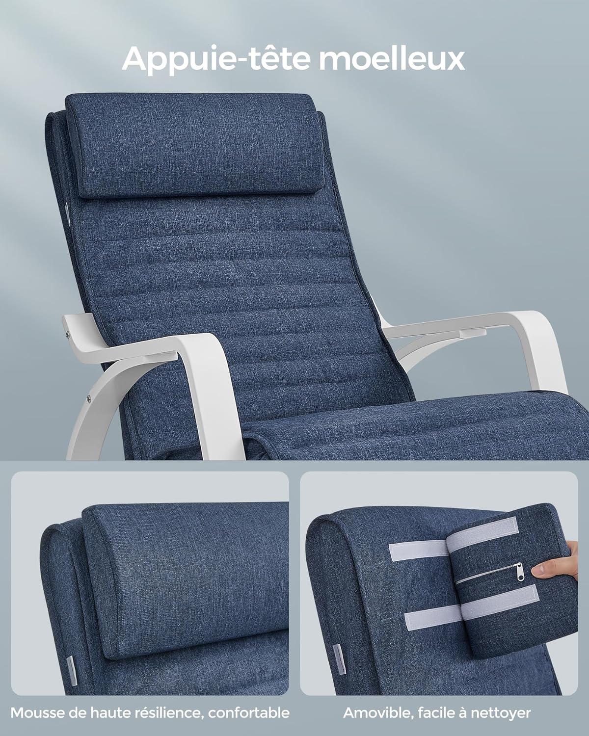 Fauteuil à Bascule, avec Accoudoirs en Bois, Chaise Berçante avec Repose-Pieds Réglable, Bleu Minuit et Blanc, SONGMICS, 7