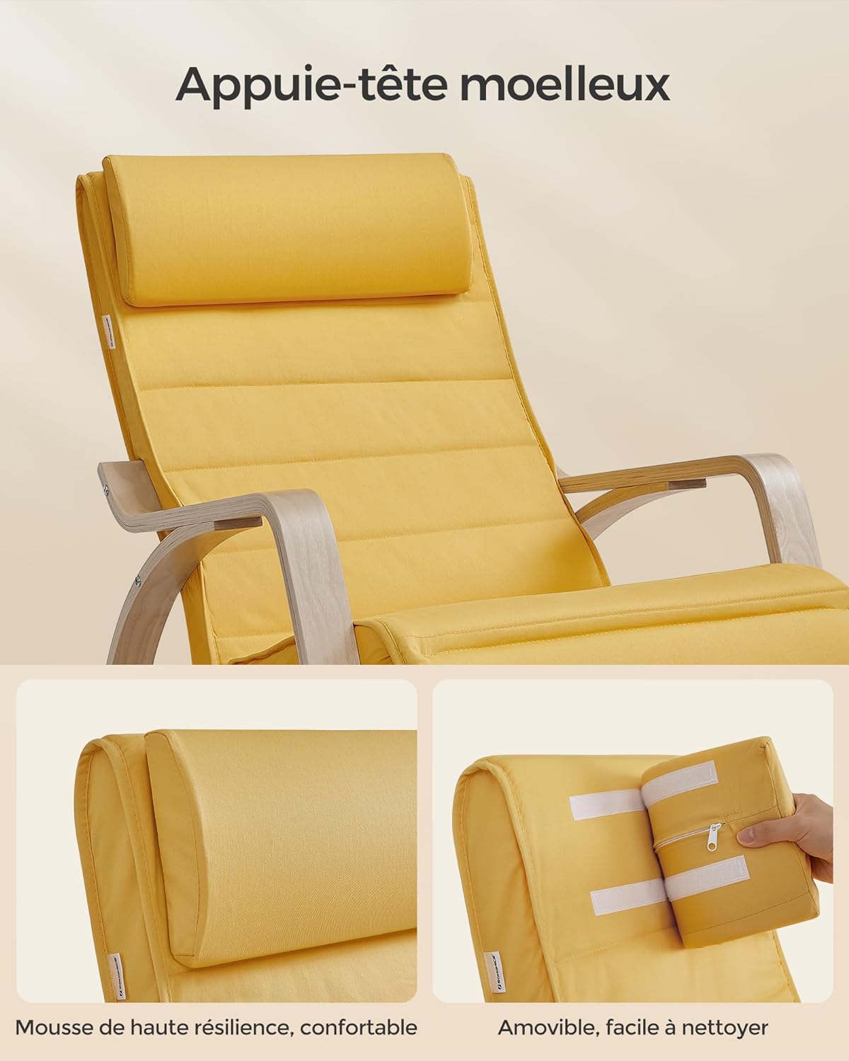 Fauteuil à Bascule, avec Accoudoirs en Bois, Chaise Berçante, Jaune Canard et Couleur Boisée, SONGMICS, 7