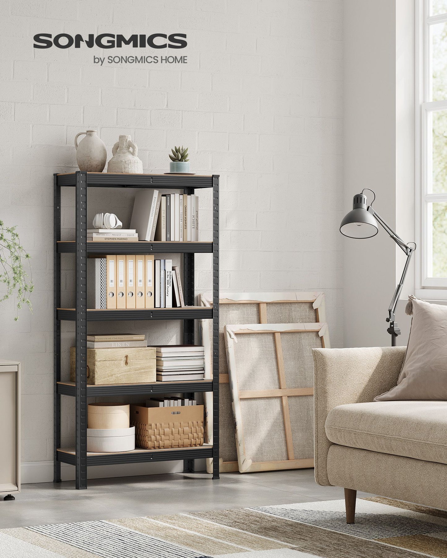 Etagere metal, 5 Niveaux, 30x75x150cm, Etagere charge lourde, Capacité 650kg, Boisée et Noir, Songmics, 3
