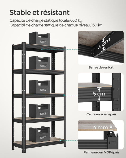 Etagere metal, 5 Niveaux, 30x75x150cm, Etagere charge lourde, Capacité 650kg, Boisée et Noir, Songmics, 4