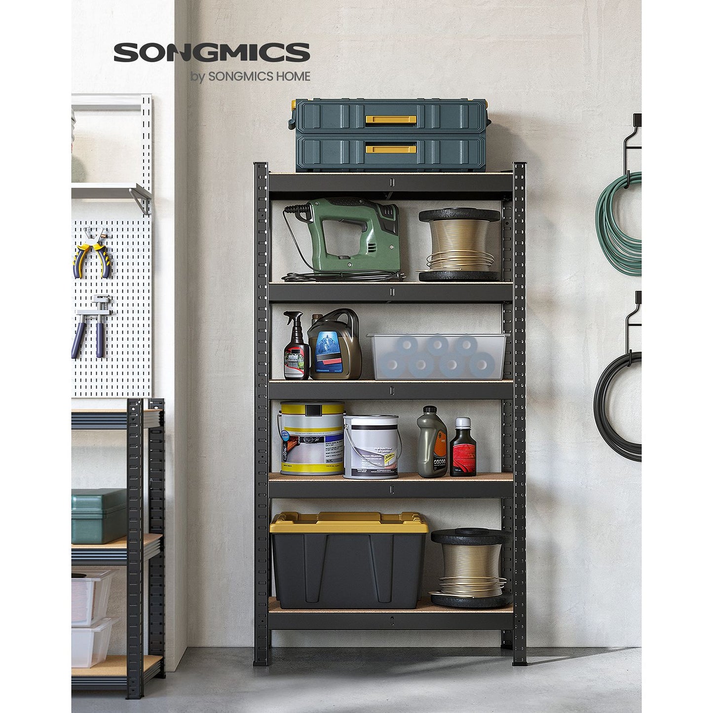Etagere metal, 5 Niveaux, 30 x 75 x 150 cm, Etagere charge lourde, Capacité 650 kg, Noir, Songmics, 3