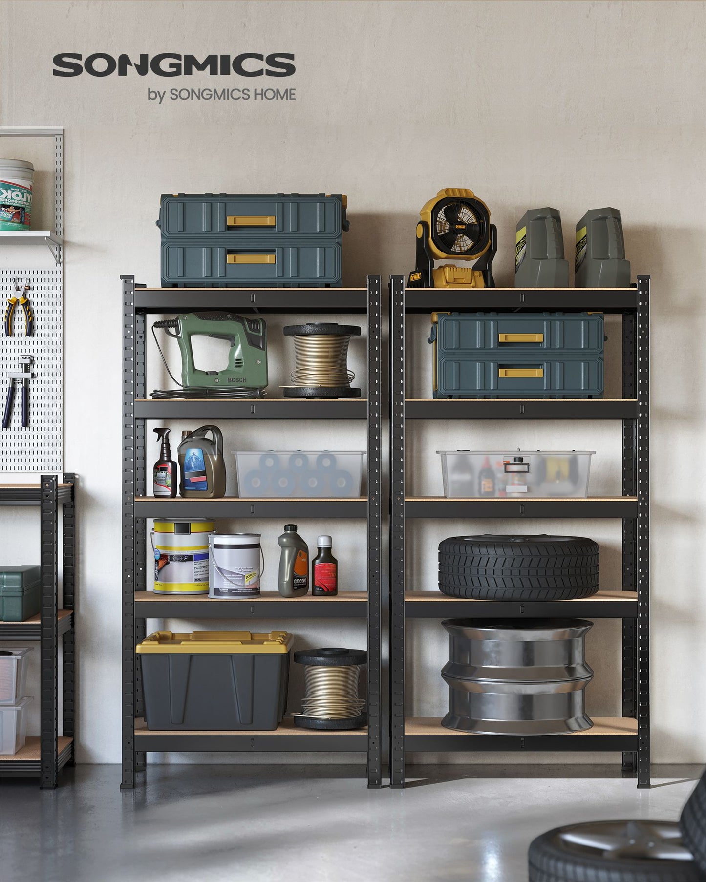 Étagère, Lot de 2, Etagere metal, 5 Niveaux, 30x75x150cm, Etagere charge lourde, Capacité 650kg, Noir, Songmics, 4