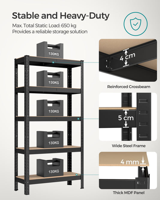 Étagère, Lot de 2, Etagere metal, 5 Niveaux, 30x75x150cm, Etagere charge lourde, Capacité 650kg, Noir, Songmics, 5
