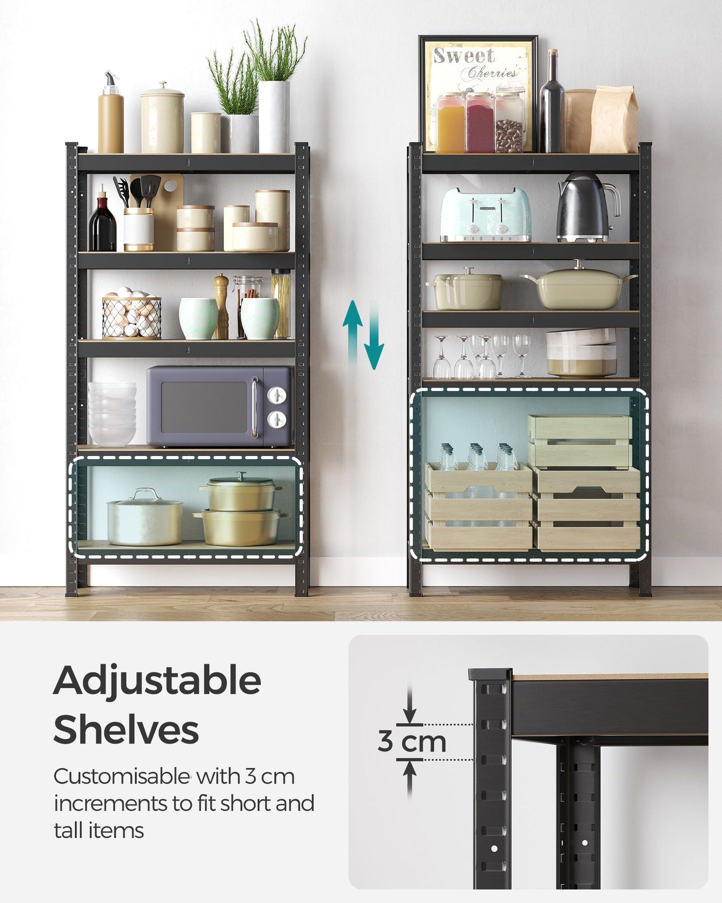 Étagère, Lot de 2, Etagere metal, 5 Niveaux, 30x75x150cm, Etagere charge lourde, Capacité 650kg, Noir, Songmics, 6
