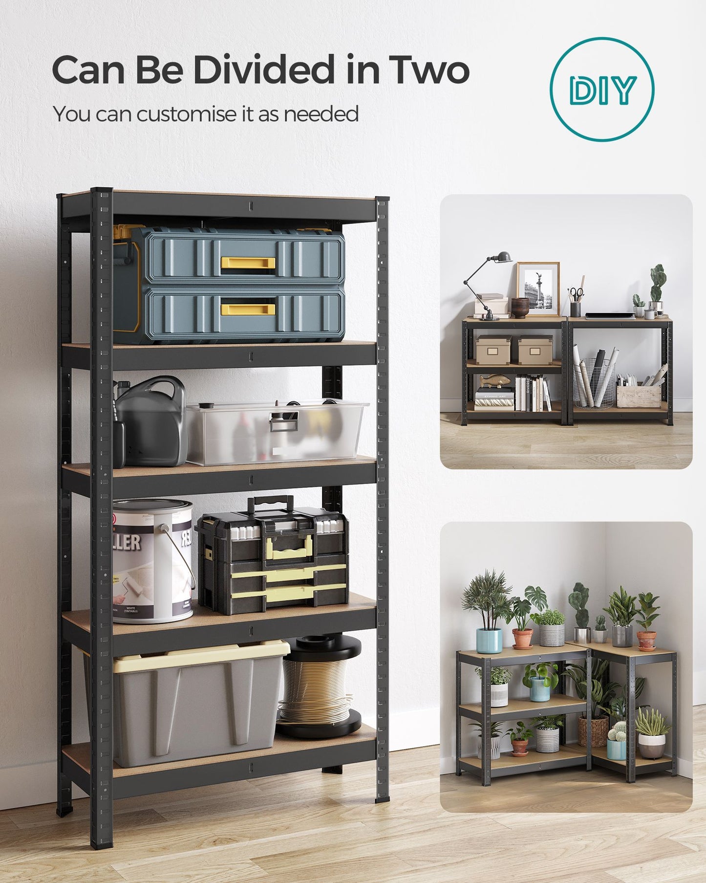 Étagère, Lot de 2, Etagere metal, 5 Niveaux, 30x75x150cm, Etagere charge lourde, Capacité 650kg, Noir, Songmics, 8