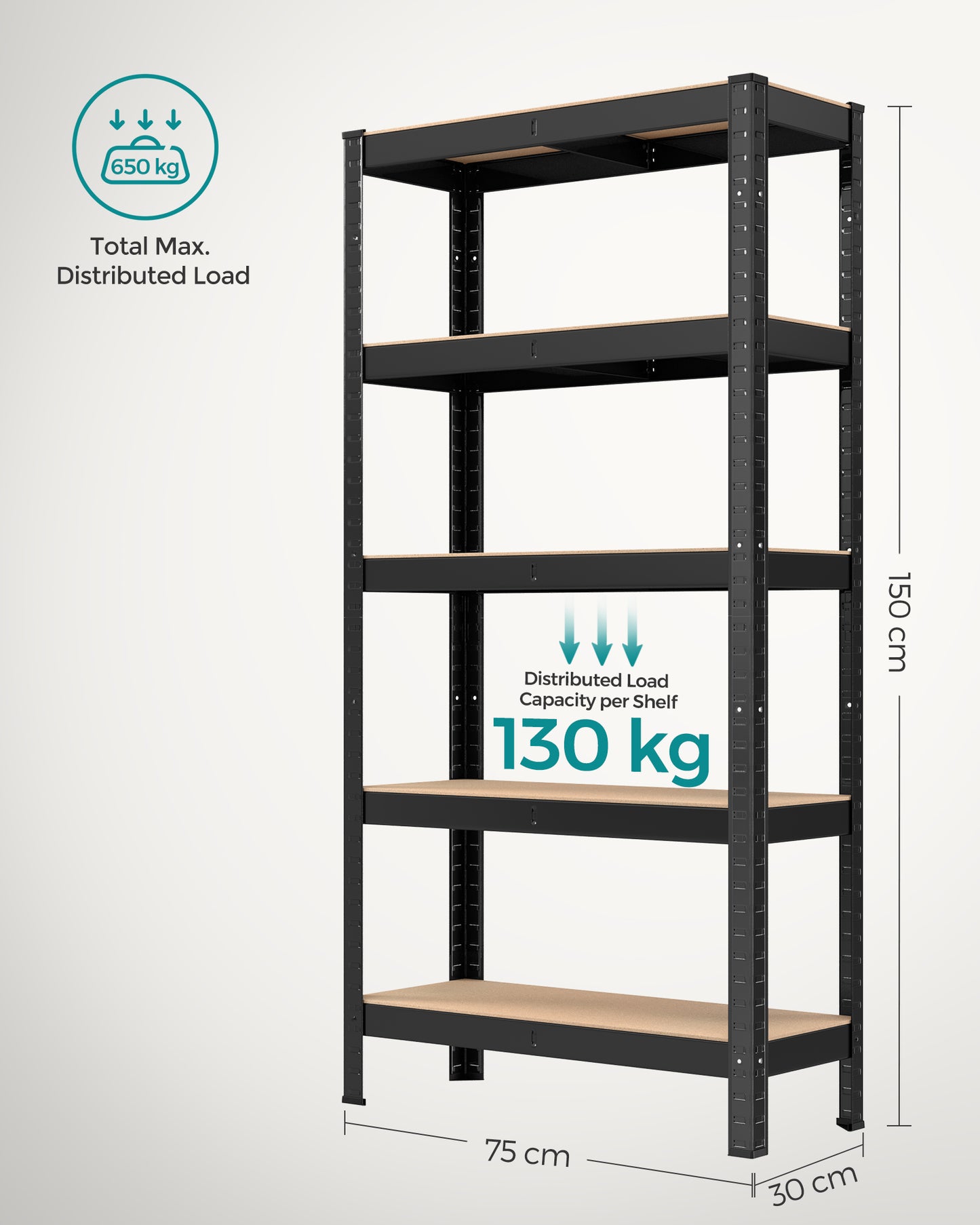 Étagère, Lot de 2, Etagere metal, 5 Niveaux, 30x75x150cm, Etagere charge lourde, Capacité 650kg, Noir, Songmics, 9