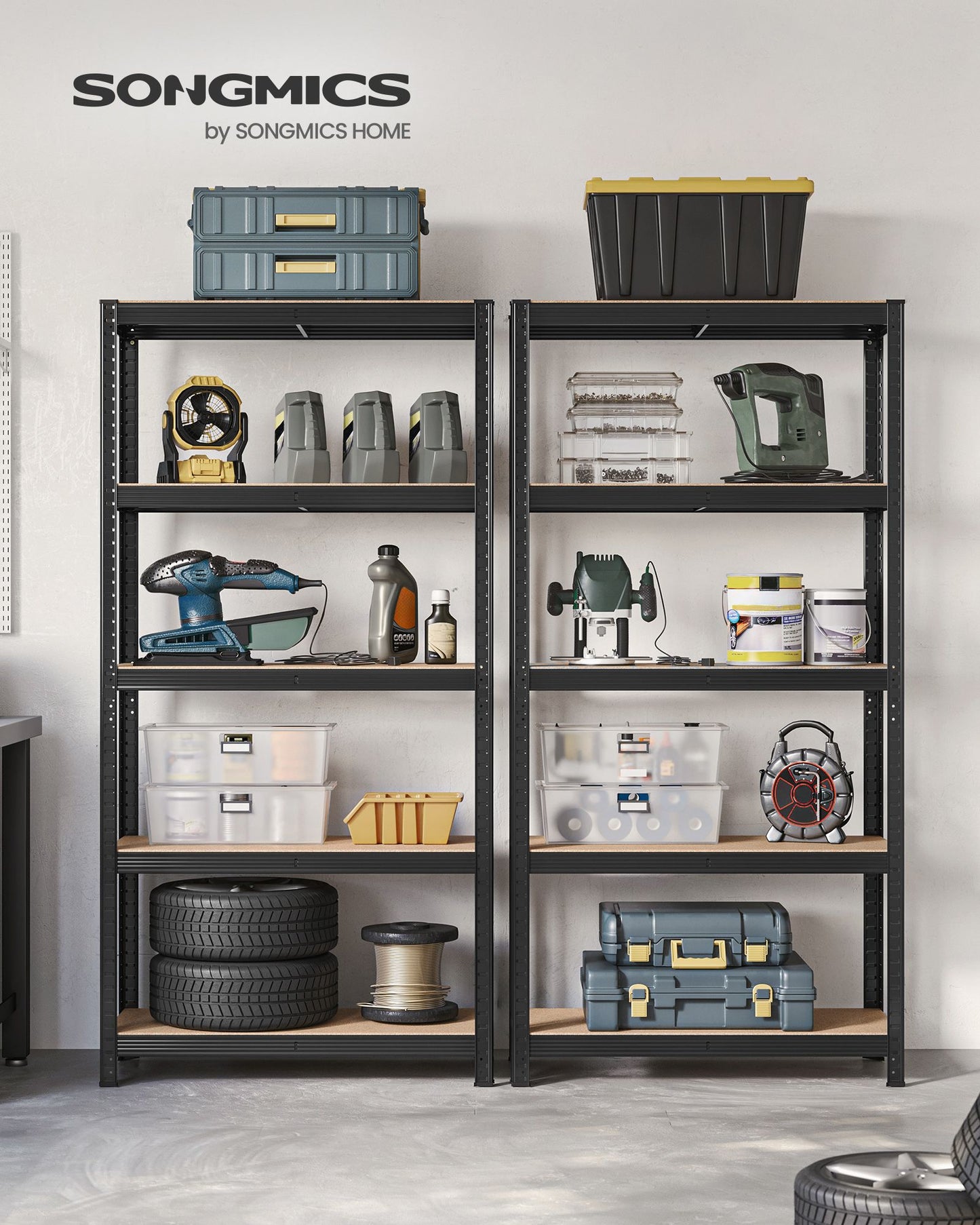 Étagère rangement, Lot de 2, Etagere charge lourde, Capacité 875 kg, 5 Niveaux, 40x90x180 cm, Etagere metal, Noir, Songmics, 3