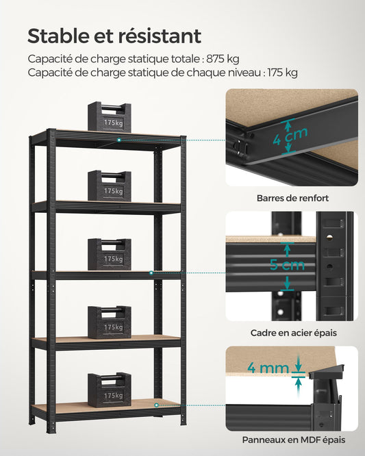 Étagère rangement, Lot de 2, Etagere charge lourde, Capacité 875 kg, 5 Niveaux, 40x90x180 cm, Etagere metal, Noir, Songmics, 4