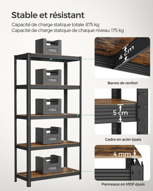 Étagère rangement, 5 Niveaux, Etagere charge lourde, Capacité 875 kg, 40x90x180 cm, Marron Rustique et Noir, Songmics, 4