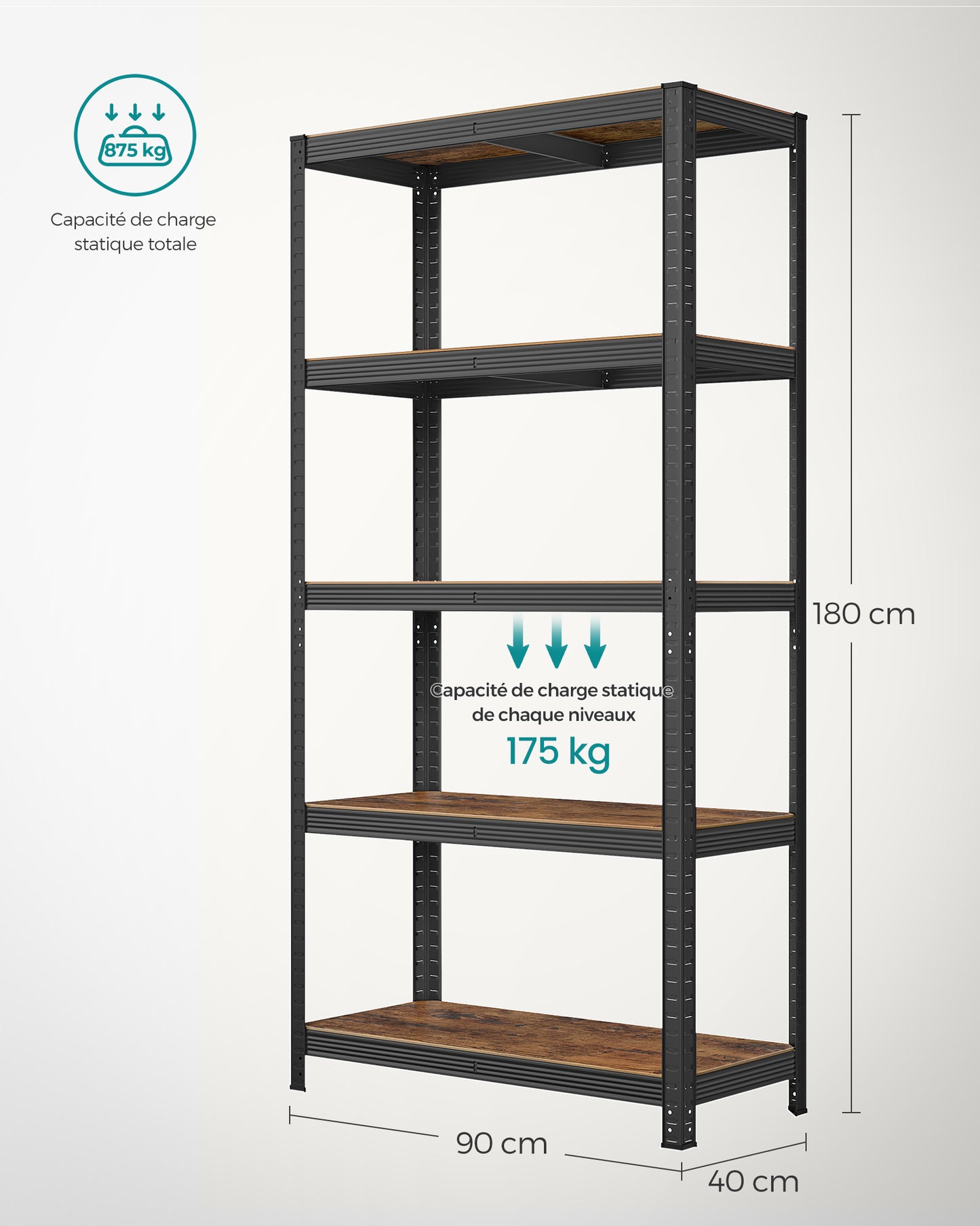 Étagère rangement, 5 Niveaux, Etagere charge lourde, Capacité 875 kg, 40x90x180 cm, Marron Rustique et Noir, Songmics, 8