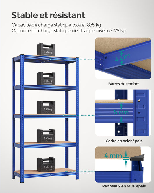 Étagère rangement, Lot de 2, Etagere charge lourde, Capacité 875 kg, 5 Niveaux, 40x90x180 cm, Etagere metal, Bleu, Songmics, 4