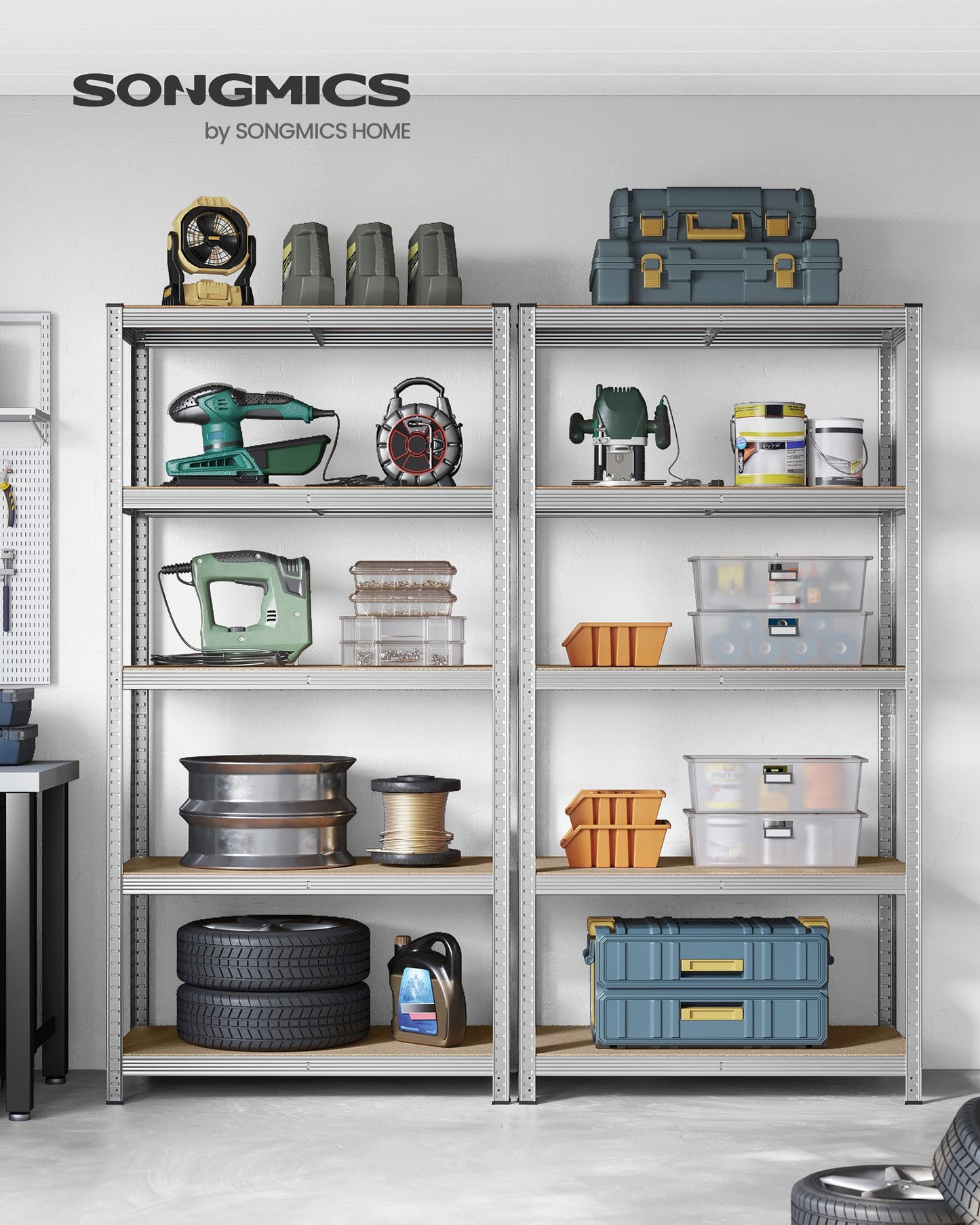 Etagere metal, Lot de 2, Etagere charge lourde, 5 Niveaux, Étagère garage, 50x100x200 cm, Capacité 600 kg, Argent, Songmics, 3