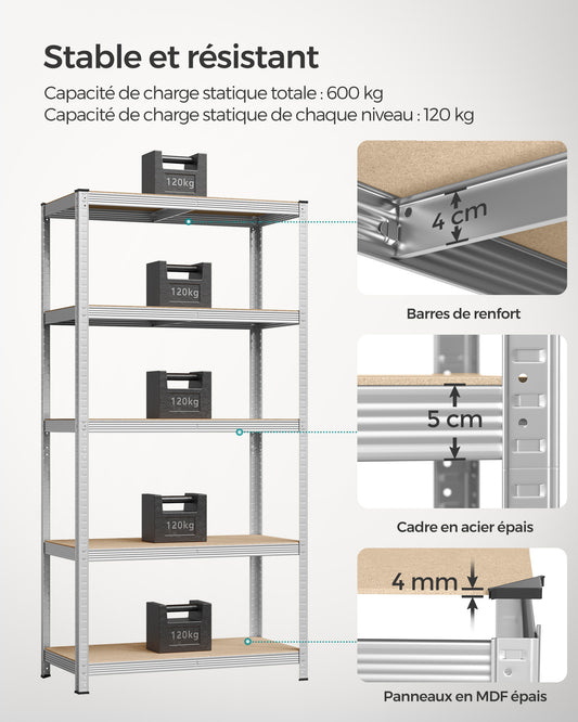 Etagere metal, Lot de 2, Etagere charge lourde, 5 Niveaux, Étagère garage, 50x100x200 cm, Capacité 600 kg, Argent, Songmics, 4