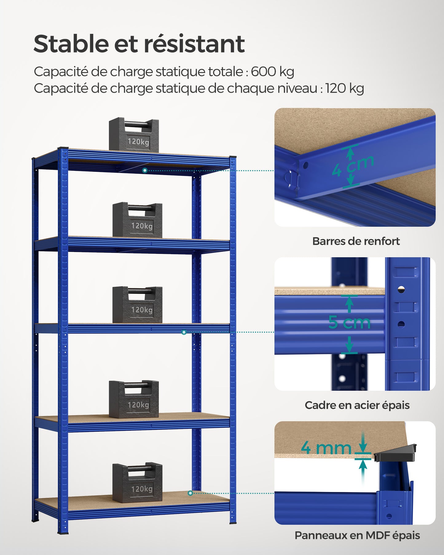 Etagere metal, 5 Niveaux, Etagere charge lourde, Étagère garage, 50x100x200cm, Capacité 600 kg, Bleu, Songmics, 4