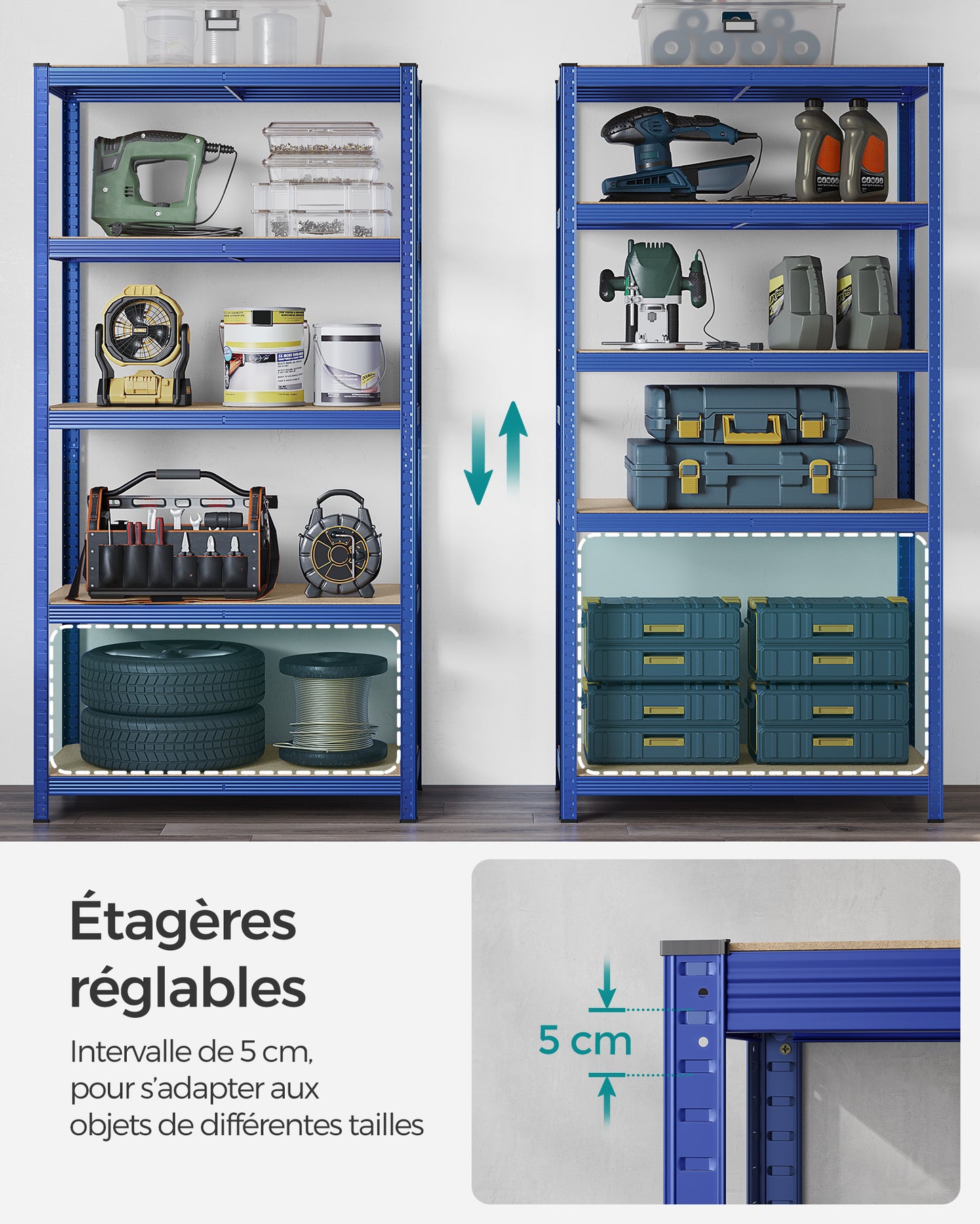 Etagere metal, 5 Niveaux, Etagere charge lourde, Étagère garage, 50x100x200cm, Capacité 600 kg, Bleu, Songmics, 5