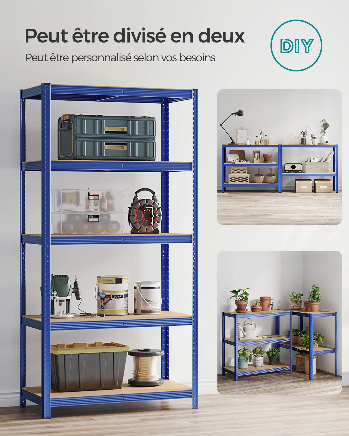 Etagere metal, 5 Niveaux, Etagere charge lourde, Étagère garage, 50x100x200cm, Capacité 600 kg, Bleu, Songmics, 7