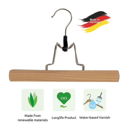 Cintre pantalon, Cintres, 10 PCs, Cintre en bois, Large 35cm, deux clips solides, Hêtre Lavé Blanc, MAWA Trend RA, 1