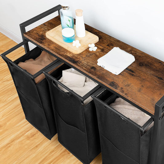 Panier à Linge, sur Roulette, 3 x 39,8 L, Corbeille à Linge, avec Étagère, 3 Sacs en Tissu Oxford, Marron et Noir, HOOBRO, 2