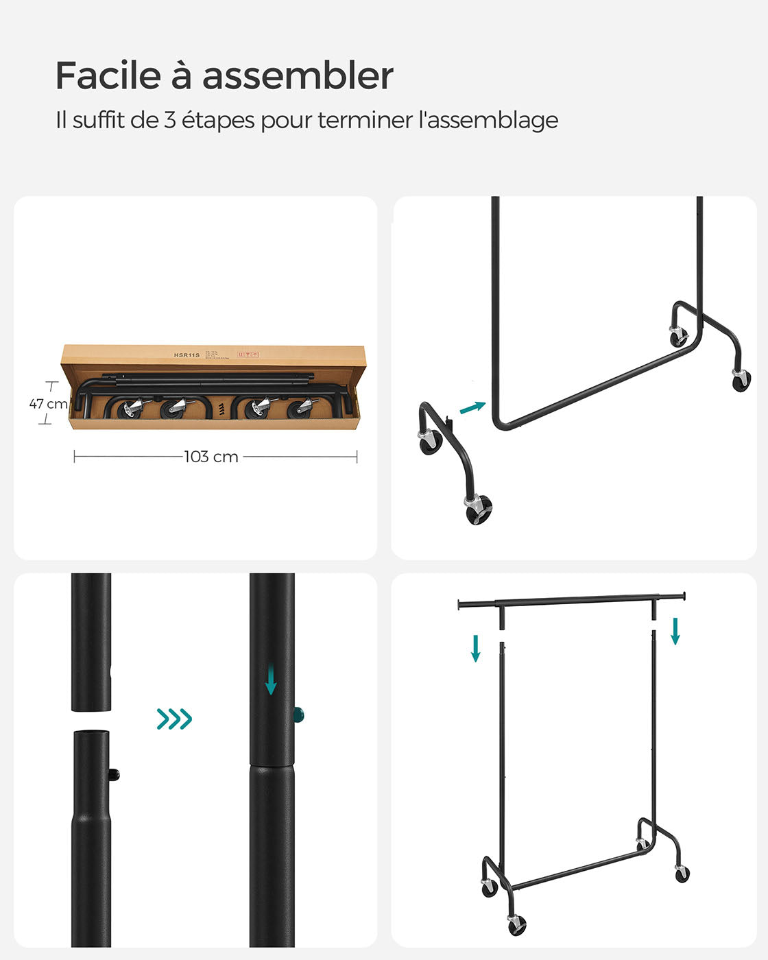 Portant Vêtement Solide, Charge 130 kg, avec Roulettes, Tringle Extensible pour Charge Lourde, Métal, Noir, SONGMICS, 9