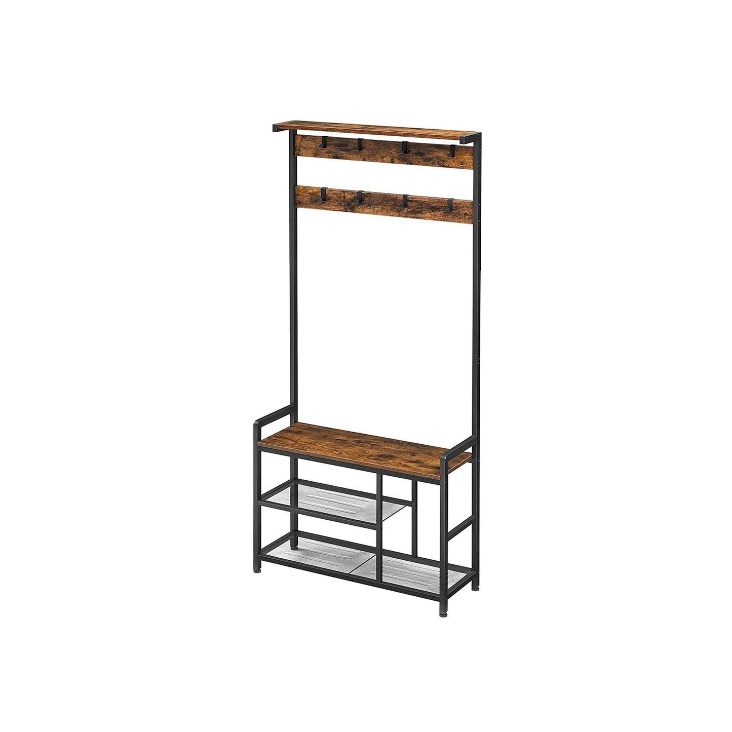 Vestiaire d'entrée, Porte Manteau, Portant Vetement, 7 Crochets, Banc à Chaussures, avec étagères, Marron et Noir, VASAGLE, 2