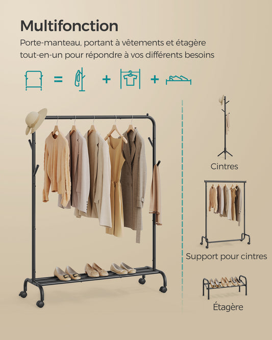 Portant Vetement, avec Roulettes, avec Étagère et 4 crochets, Cadre en métal robuste, Rangement de vêtements, Noir, SONGMICS, 2