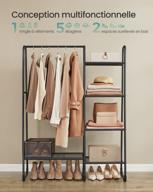 Portant à Vêtement, Penderie à Vêtements, 5 Étagères de Rangement, Structure en Métal, Noir d'encre, SONGMICS, 2