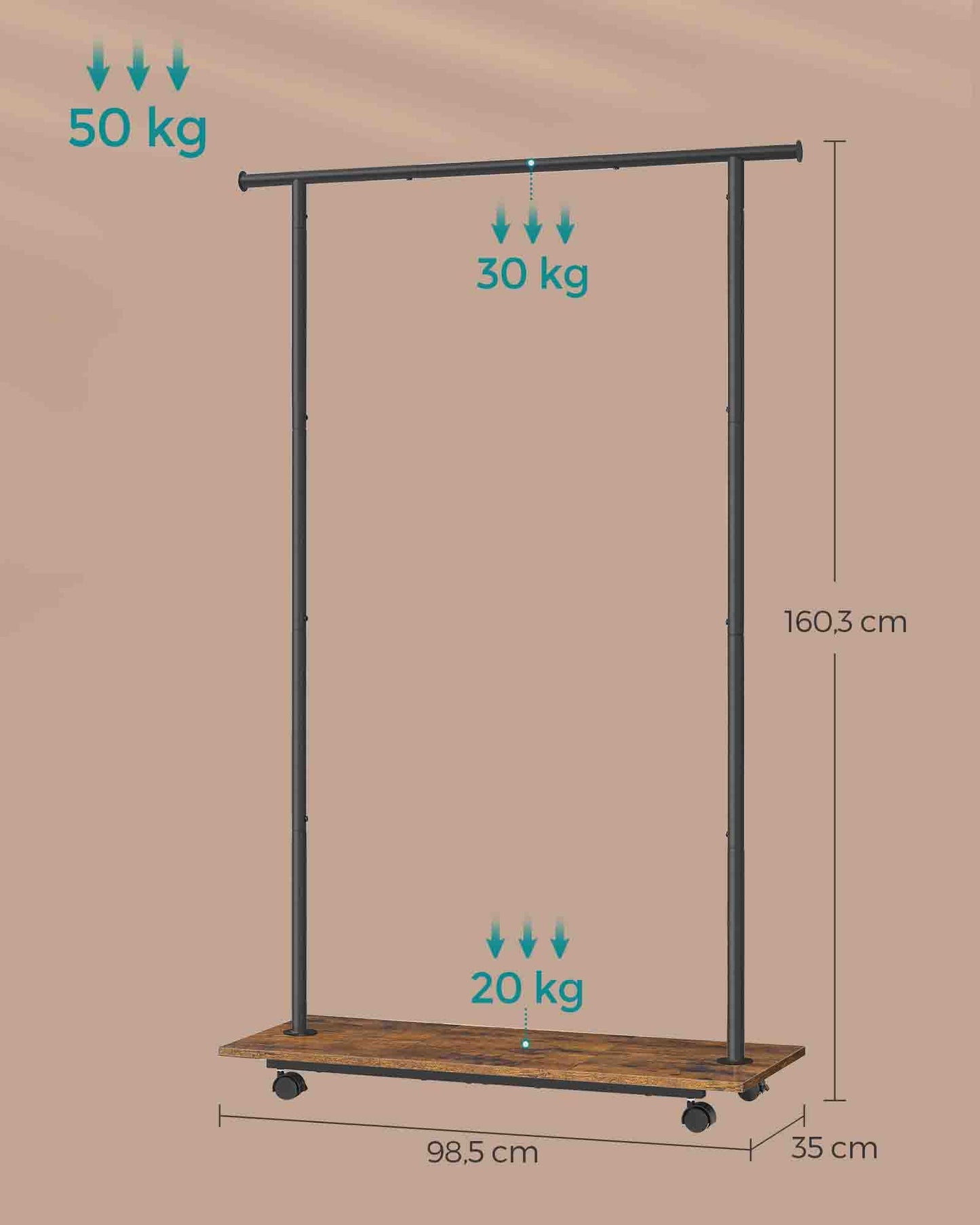 Portant Vetement, Porte Manteau, avec Roulettes, Étagère, Longueur 98,5 cm, Capacité 50 kg, Marron Rustique et Noir, SONGMICS, 9