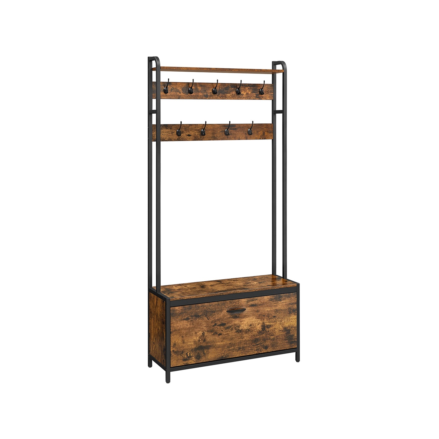 Vestiaire d'entrée, Porte Manteau, Portant Vetement, avec Banc, 9 Crochets et Étagère, Marron Rustique et Noir, VASAGLE, 2