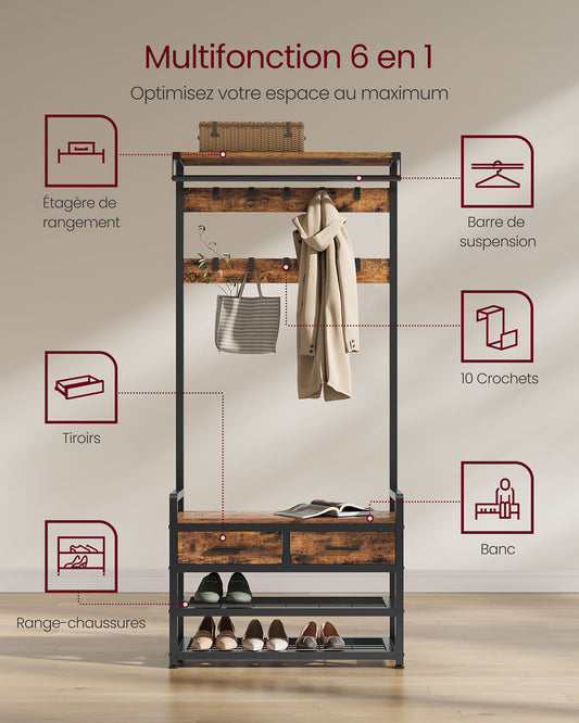 Portemanteau, Porte-manteau sur pied, avec banc, tringle à vêtements, 2 tiroirs, 2 étagères, 10 crochets, Marron Noir, VASAGLE, 2