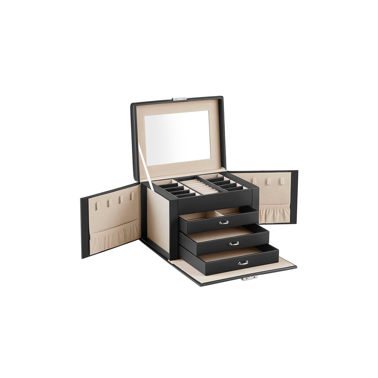 Boite a Bijoux, 4 Niveaux, Porte Bijoux, Coffret a Bijoux, avec Poignées, 3 Tiroirs, Miroir, Serrure, Noir, SONGMICS, 2