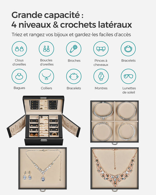 Boite a Bijoux, 4 Niveaux, Porte Bijoux, Coffret a Bijoux, avec Poignées, 3 Tiroirs, Miroir, Serrure, Noir, SONGMICS, 4