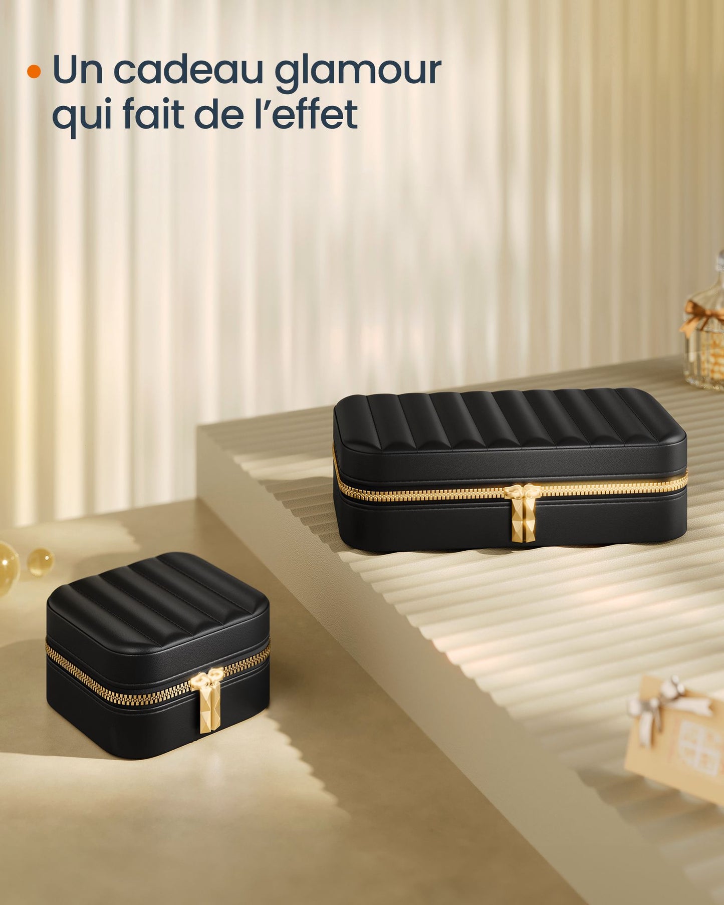Boite a Bijoux, Boite a Bijoux de Voyage, Coffret a Bijoux, avec Miroir, Portable, Zip, Noir, SONGMICS, 7
