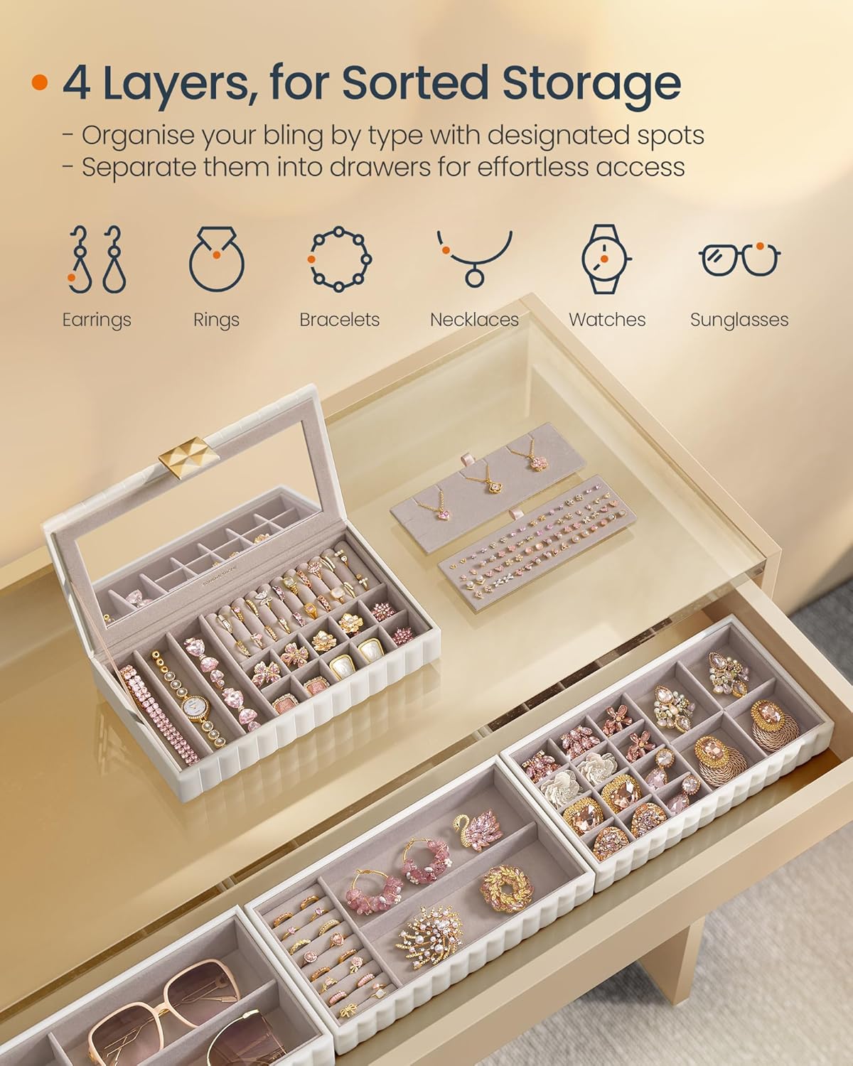 Boite a Bijoux, Coffret a Bijoux, empilable avec miroir, 4 niveaux, PU avec coutures, blanc nuage, SONGMICS, 5