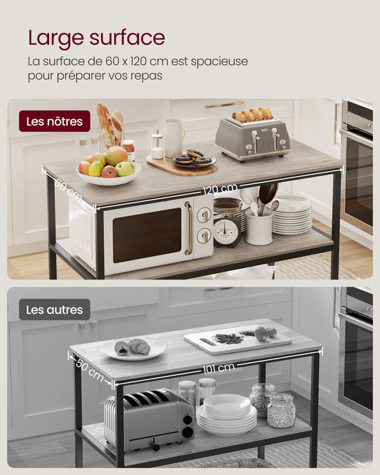 Cuisine ilot central table, 3 étagères, Étagère cuisine, avec grand plan de travail de 120 cm, Greige et noir, Vasagle, 1