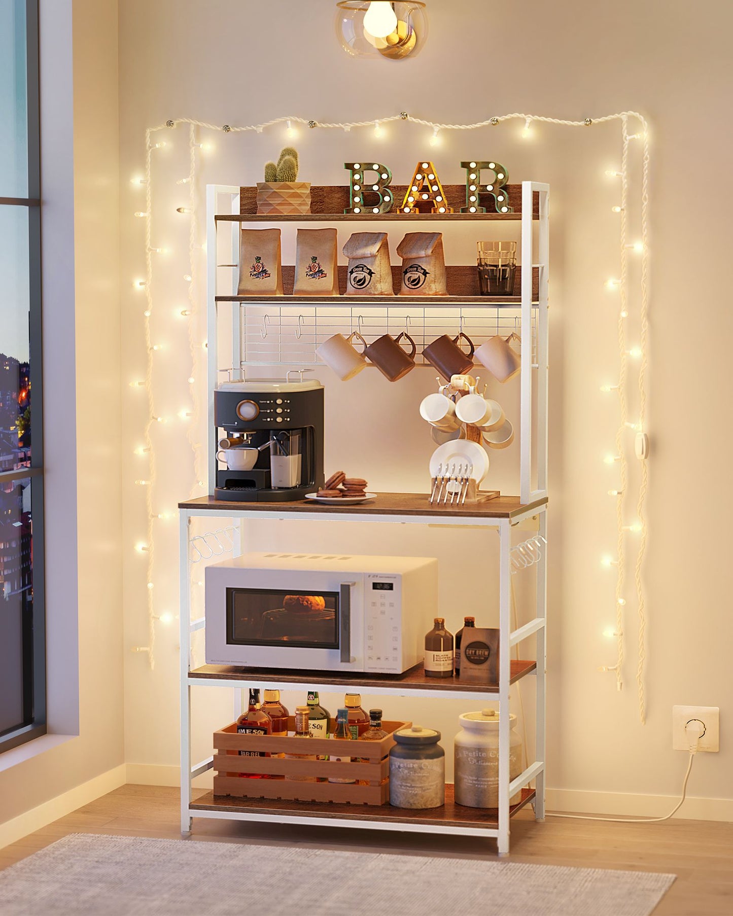 Étagère cuisine, avec Multiprise, Etagere micro onde, 14 Crochets, 40 x 80 x 170 cm, Marron Rustique et Blanc, Vasagle, 1