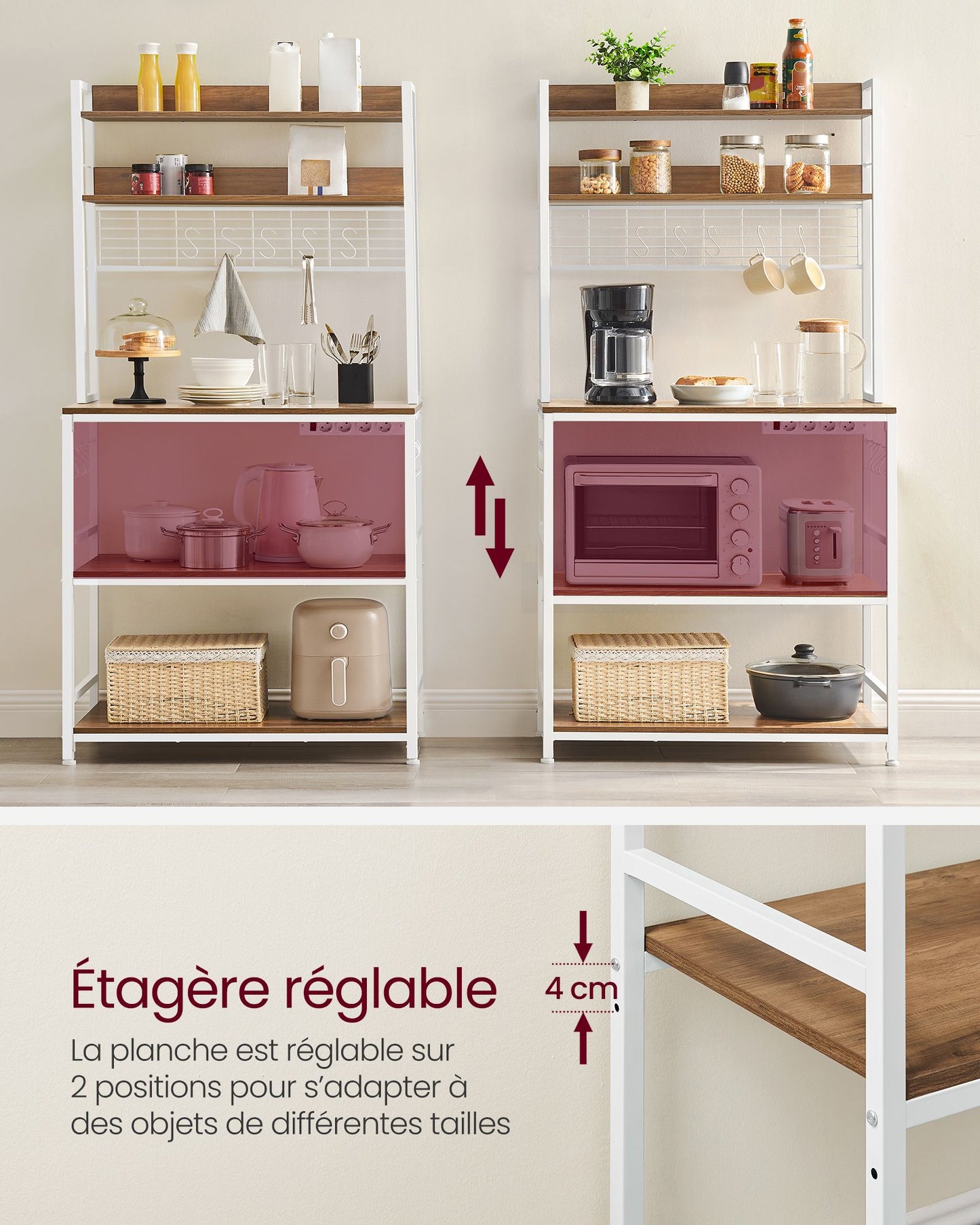 Étagère cuisine, avec Multiprise, Etagere micro onde, 14 Crochets, 40 x 80 x 170 cm, Marron Rustique et Blanc, Vasagle, 1