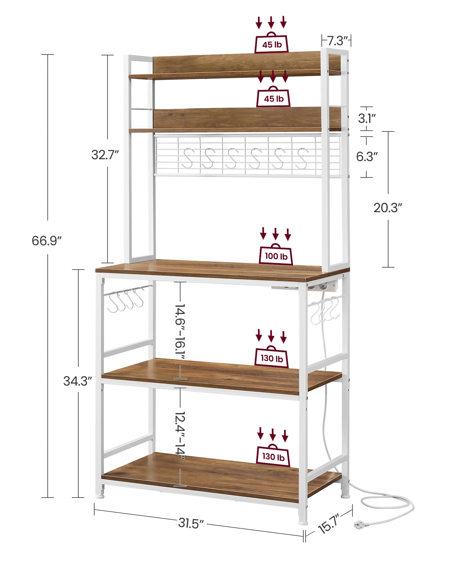 Étagère cuisine, avec Multiprise, Etagere micro onde, 14 Crochets, 40 x 80 x 170 cm, Marron Rustique et Blanc, Vasagle, 1