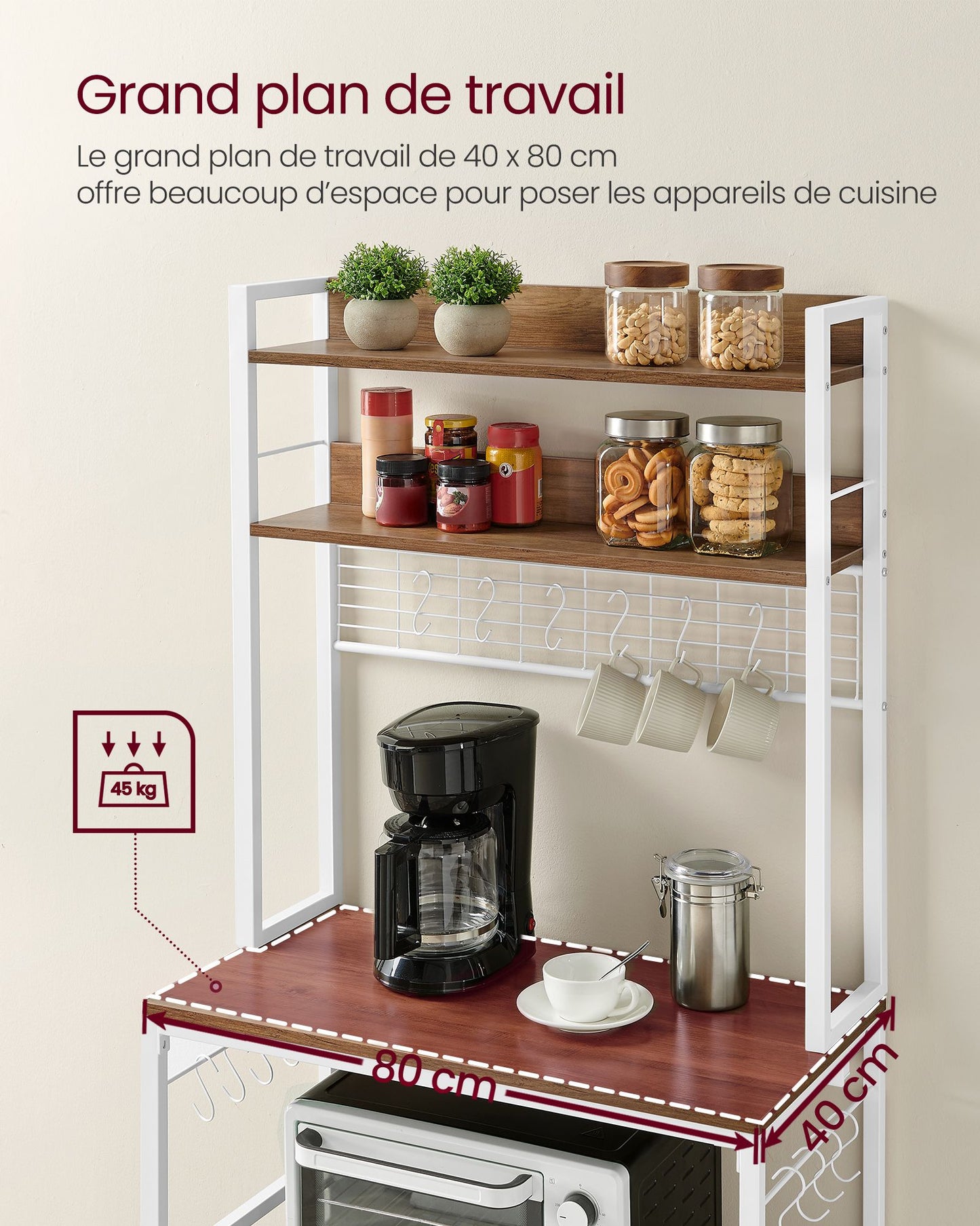 Étagère cuisine, avec Multiprise, Etagere micro onde, 14 Crochets, 40 x 80 x 170 cm, Marron Rustique et Blanc, Vasagle, 1
