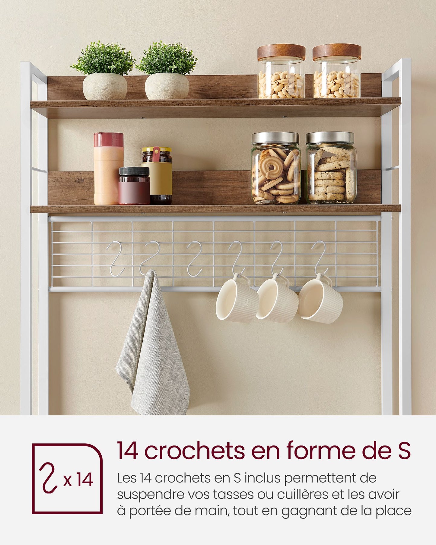 Étagère cuisine, avec Multiprise, Etagere micro onde, 14 Crochets, 40 x 80 x 170 cm, Marron Rustique et Blanc, Vasagle, 1