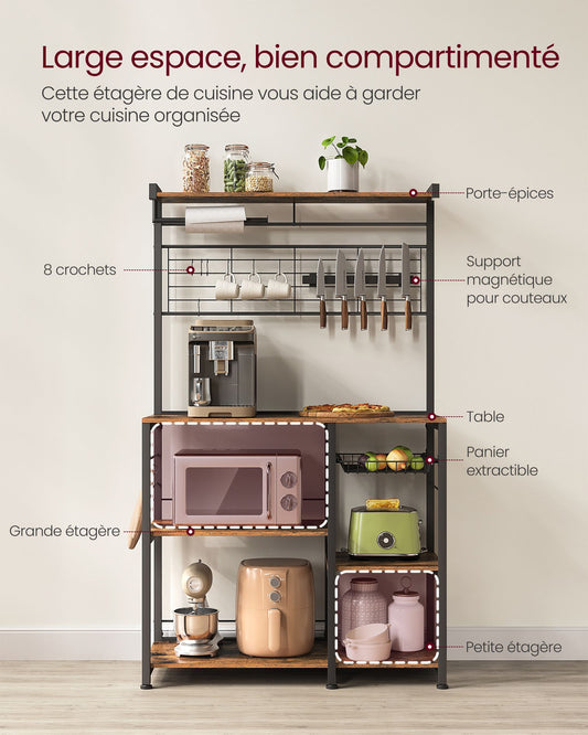 Étagère cuisine, Etagere micro onde, Etagere sur pied, avec porte-couteaux magnétique, 8 crochets, Marron Rustique Noir, Vasagle, 1