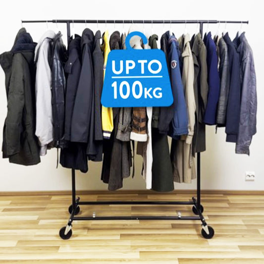 Tatkraft Derek - Penderie à vêtements Extensible sur Roulettes Noire, Robuste, Peut Supporter Jusqu'à 100 kg, Porte-Vêtements Pliable sur Roues