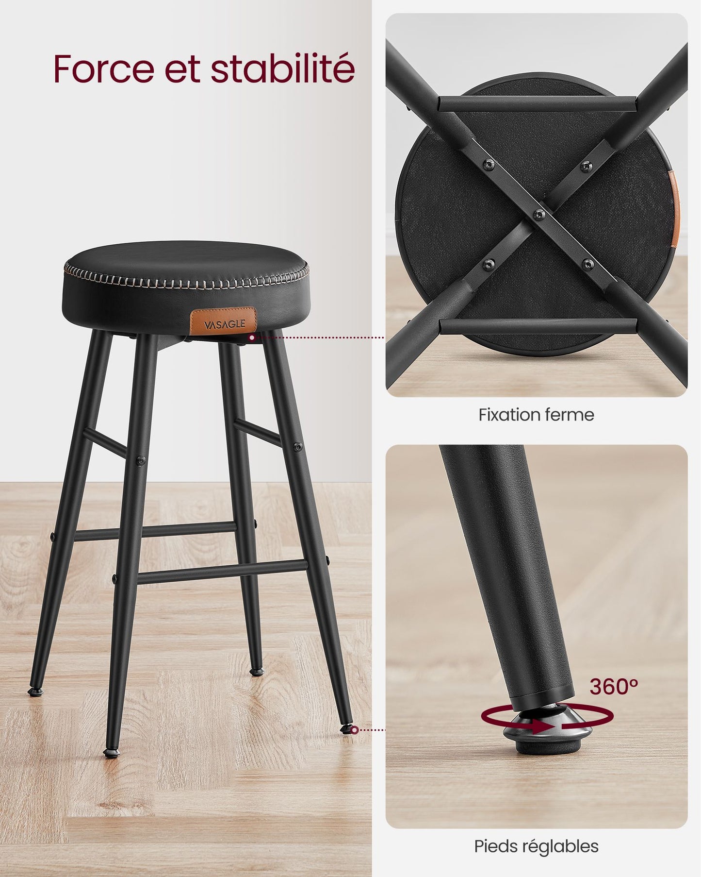 Tabouret de Bar, Lot de 2, Chaise de Cuisine, Chaise Ronde, Chaise de Bar en Tissu, Noir d'encre, VASAGLE, 9