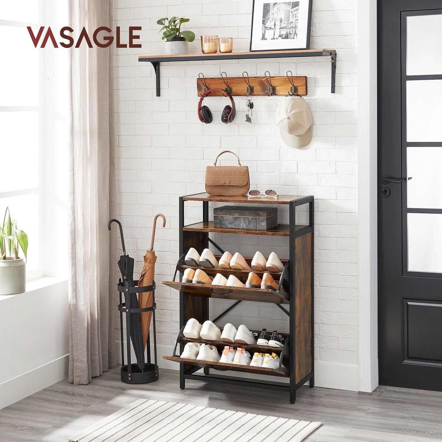Meuble à Chaussures, Porte Chaussures, à 2 Abattants, pour 8-12 Paires, Anti-poussière, Marron Rustique et Noir, VASAGLE, 3