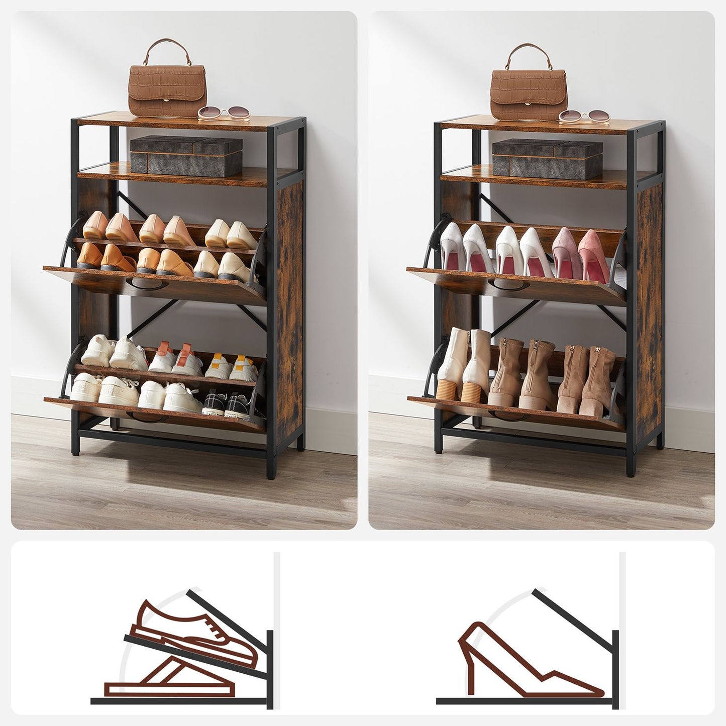 Meuble à Chaussures, Porte Chaussures, à 2 Abattants, pour 8-12 Paires, Anti-poussière, Marron Rustique et Noir, VASAGLE, 6