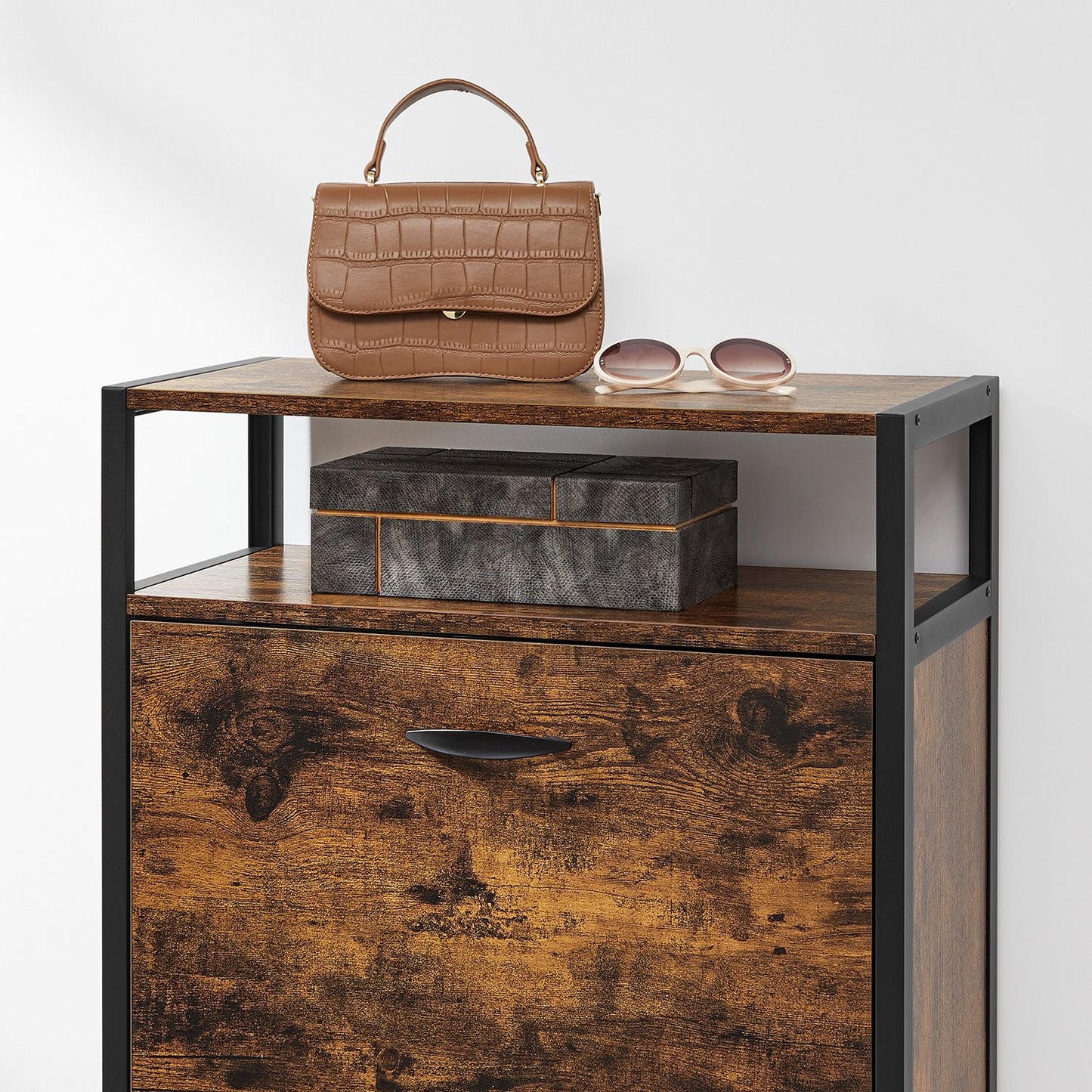 Meuble à Chaussures, Porte Chaussures, à 2 Abattants, pour 8-12 Paires, Anti-poussière, Marron Rustique et Noir, VASAGLE, 7