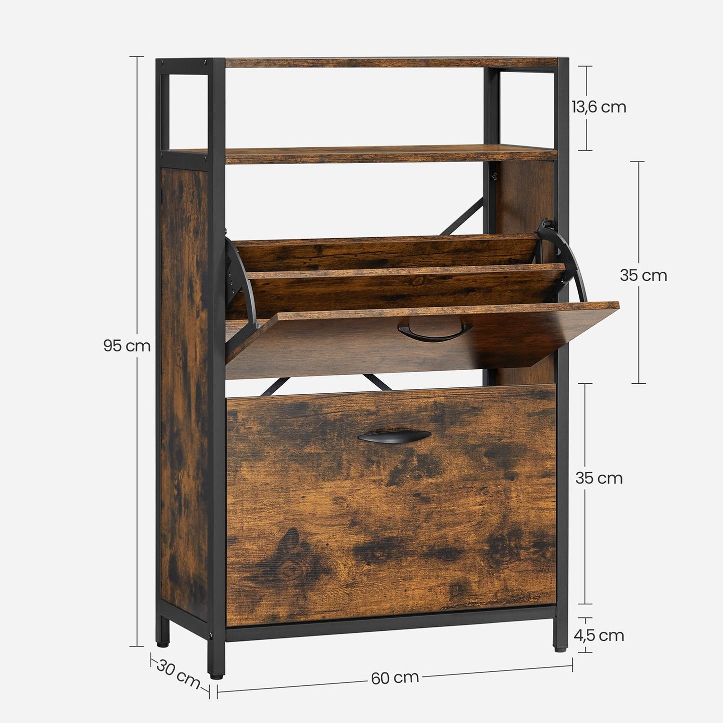 Meuble à Chaussures, Porte Chaussures, à 2 Abattants, pour 8-12 Paires, Anti-poussière, Marron Rustique et Noir, VASAGLE, 8