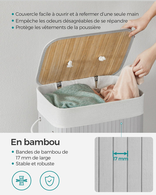 Panier à Linge Bambou, 72L, Panier à Linge avec Couvercle, Panier à Linge Pliable, Gris, SONGMICS, 4