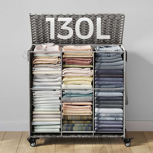 Panier à Linge Pliable, Panier Linge Bois, Panier à Linge Tissé à la Main, 140L, 66 x 33 x 60 cm, Gris, SONGMICS, 2