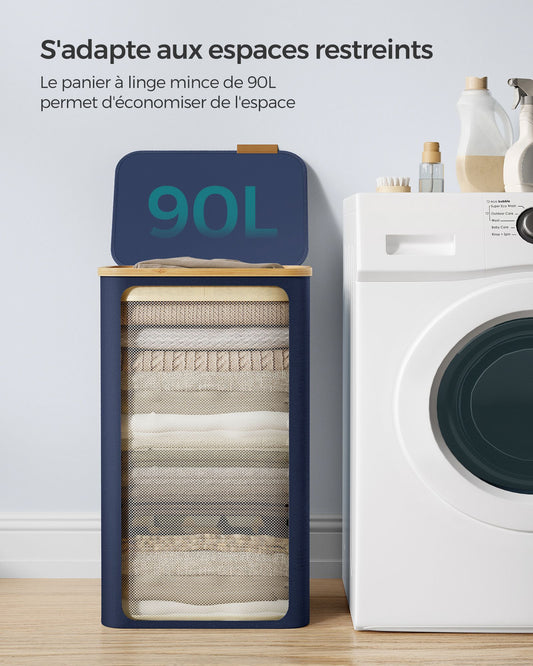 Panier à Linge avec Couvercle, 90L, Panier à Linge Pliable, Gain de Place, Doublure en Maille Amovible, Bleu,, SONGMICS, 4